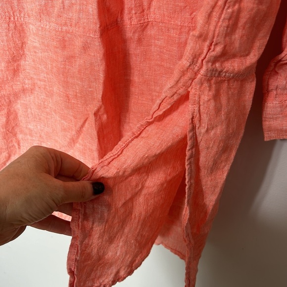 TAHARI Linen Coral Button Down Shirt Tunic Top Tab Sleeve Coastal Minimalist L - Picture 5 of 5